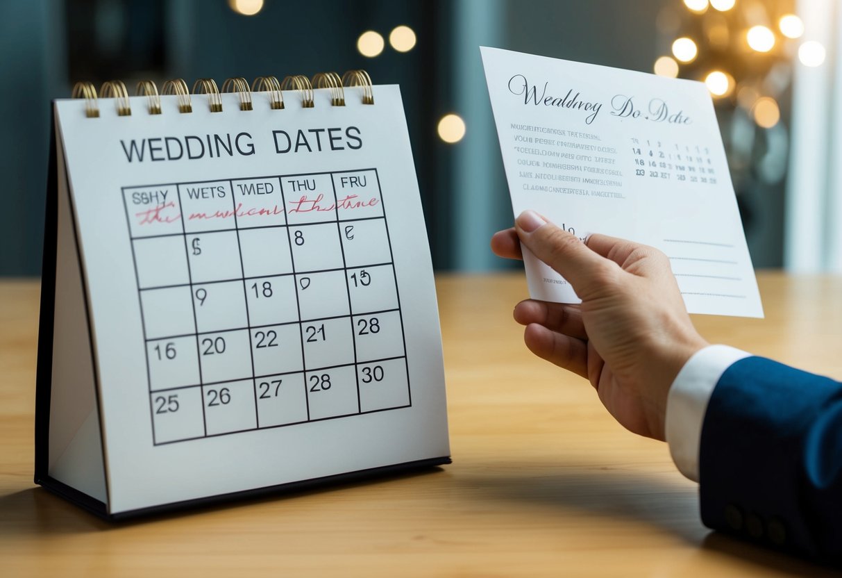 A calendar with the current date crossed out and the wedding date circled, with a hand reaching for an invitation