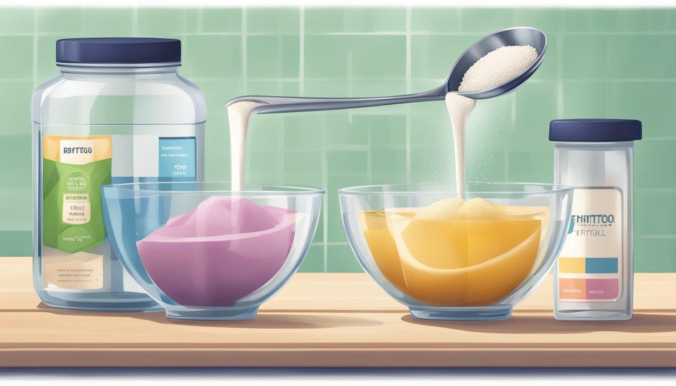 A kitchen counter with bowls of erythritol and xylitol, a measuring spoon pouring one into the other. Labels show their characteristics