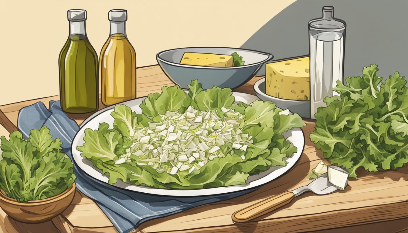 Endive leaves arranged on a wooden cutting board, next to a bowl of mixed greens. A bottle of vinaigrette and a plate of assorted cheeses in the background