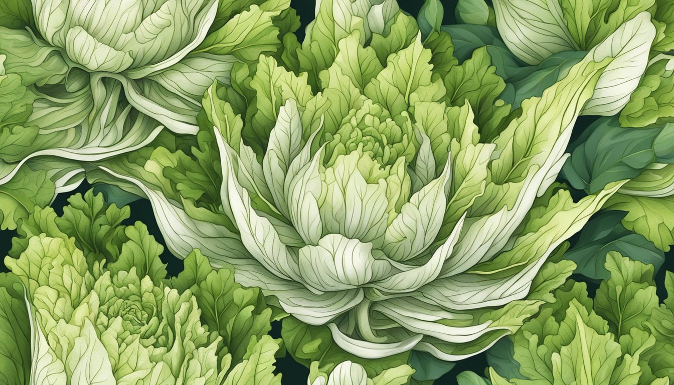 A vibrant bunch of curly endive nestled among various leafy greens