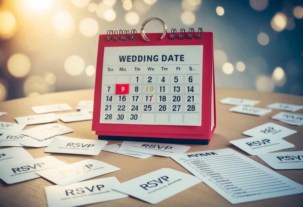 A calendar with a wedding date circled in red, surrounded by scattered RSVP cards and a long list of names with checkmarks