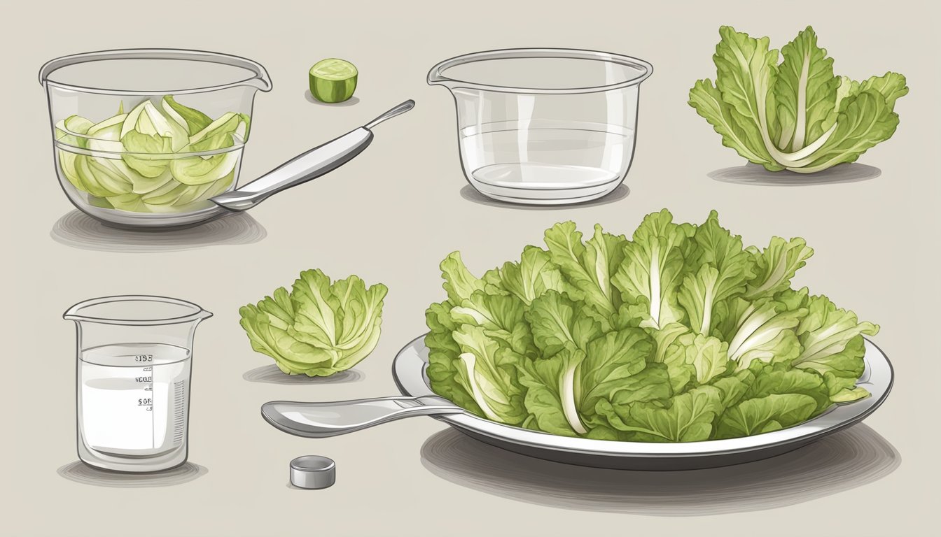 A bowl of endive leaves arranged in a salad, with a measuring cup and spoon displaying the quantities and ratios for substituting endive for lettuce