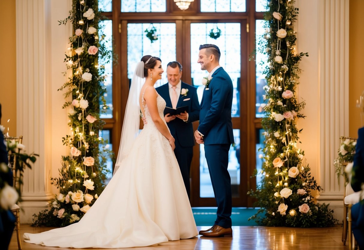 A bride and groom stand at the entrance of a grand hall, surrounded by twinkling lights and floral decorations, as they discuss their wedding entrance song