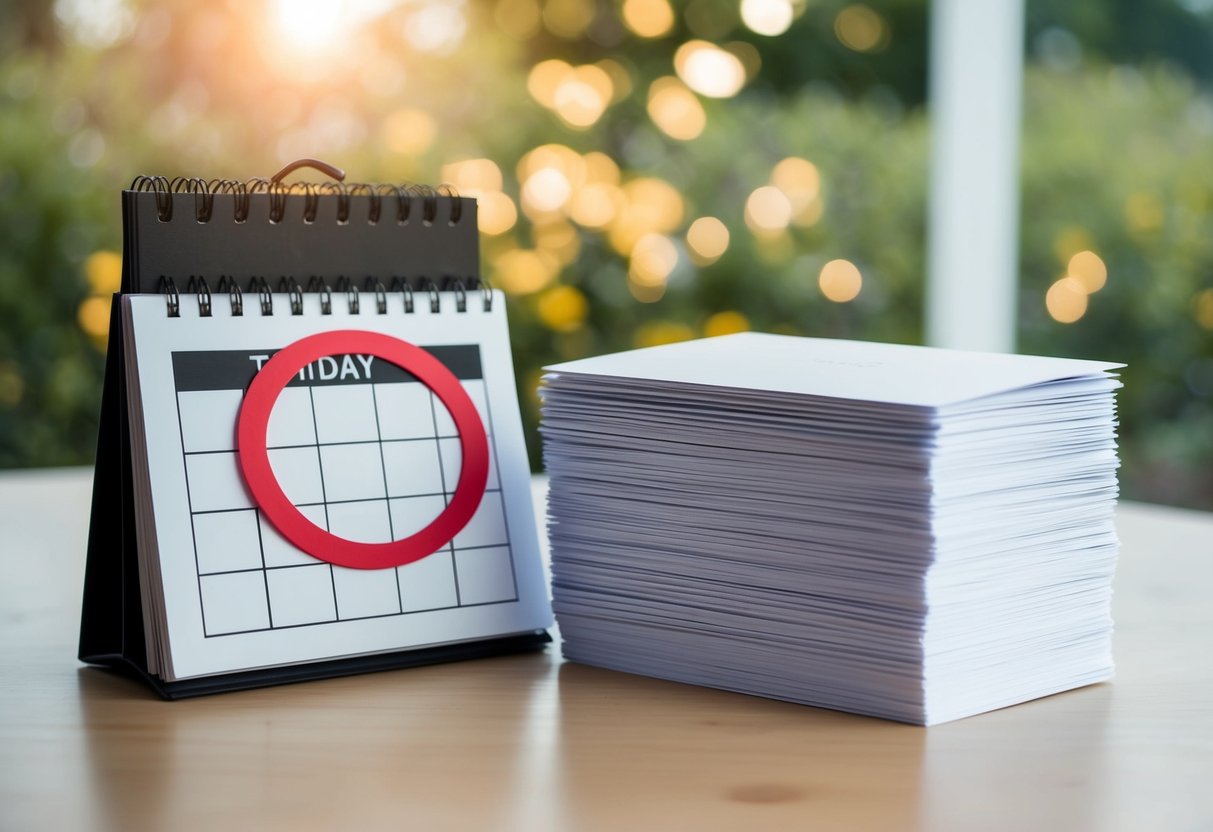 A calendar with a big red circle around today's date and a stack of unmailed wedding invitations sitting on a table