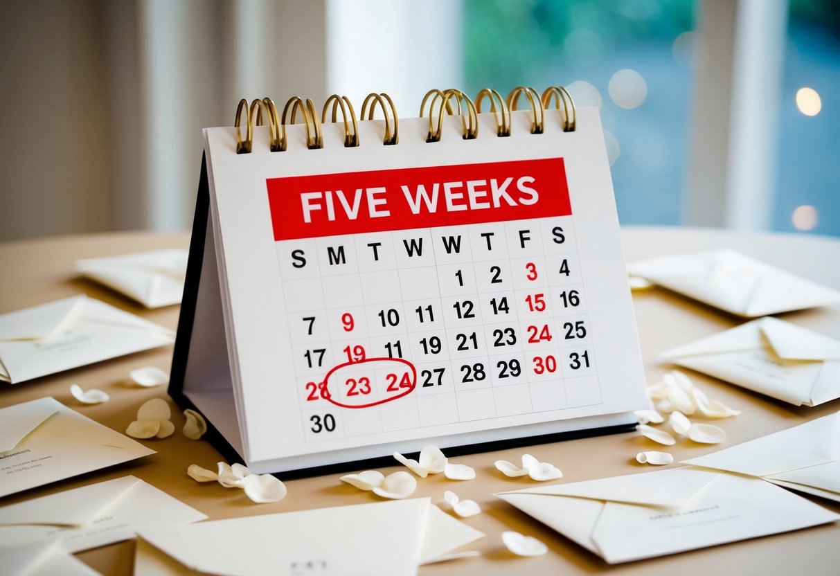 A calendar with the date five weeks before the wedding circled in red, surrounded by scattered wedding invitation envelopes