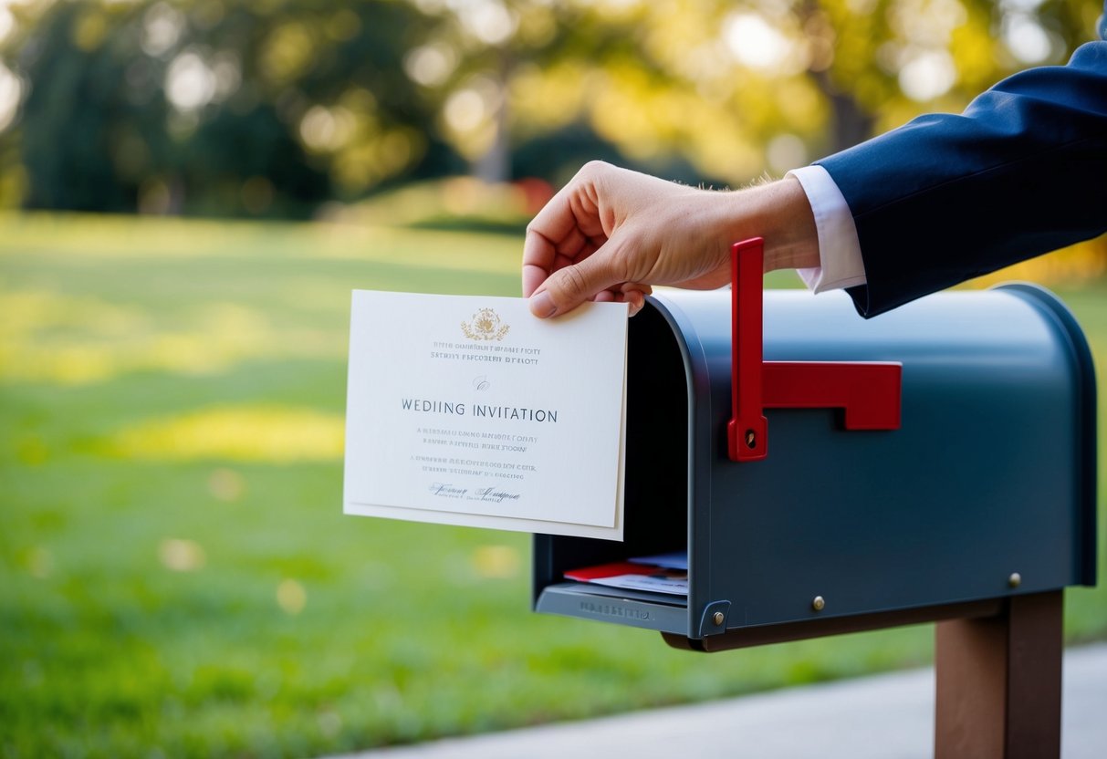 A wedding invitation being placed in a mailbox by a hand
