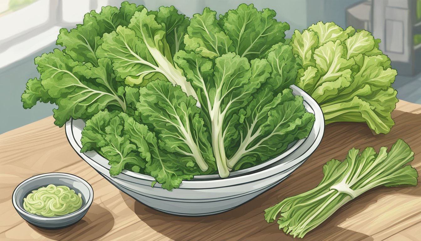 A bowl of fresh escarole leaves sits next to a bunch of curly endive, with a variety of other leafy greens in the background