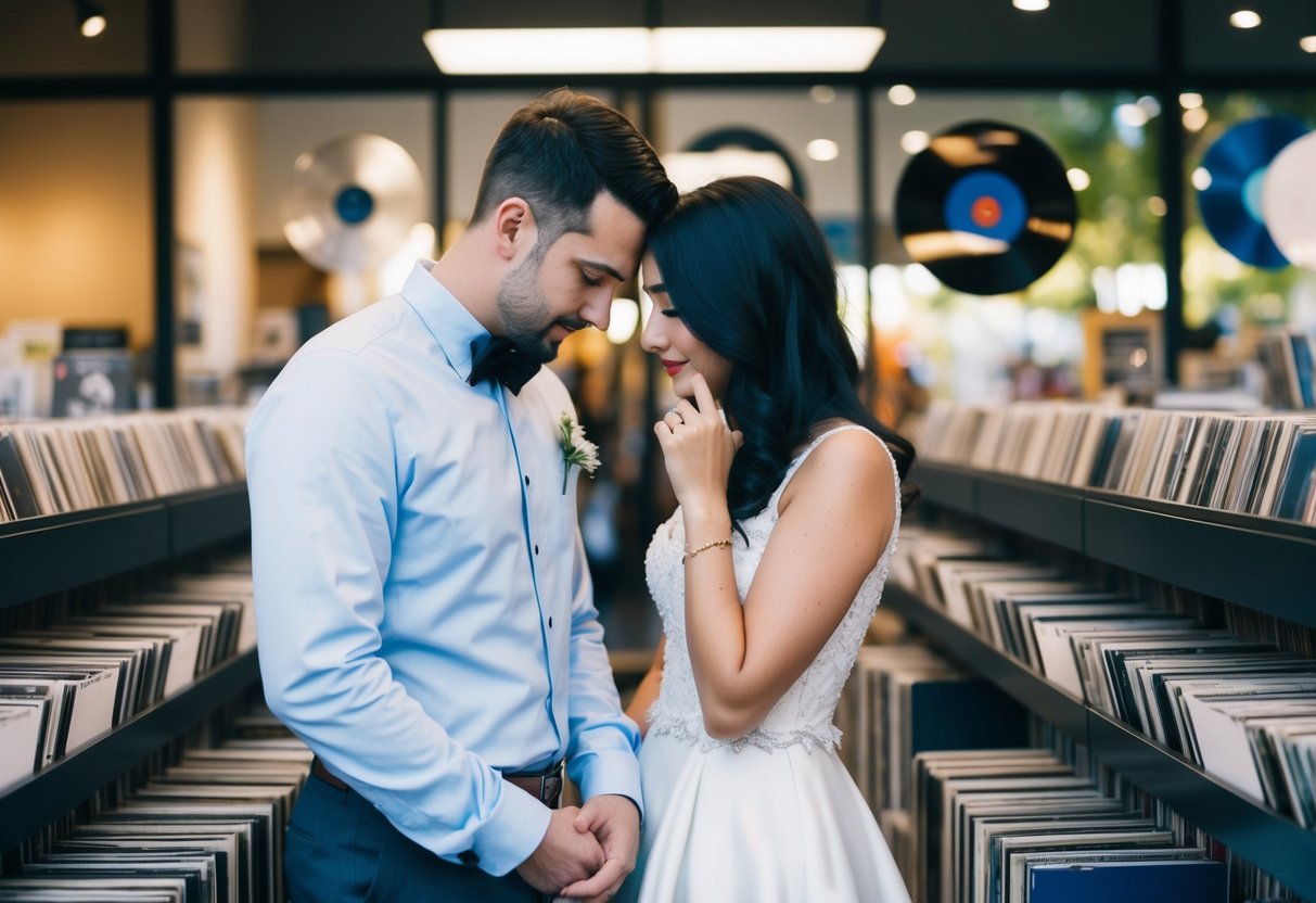 A couple stands in front of a record store, surrounded by rows of vinyl records. They are deep in thought, trying to choose the perfect song for their wedding entrance