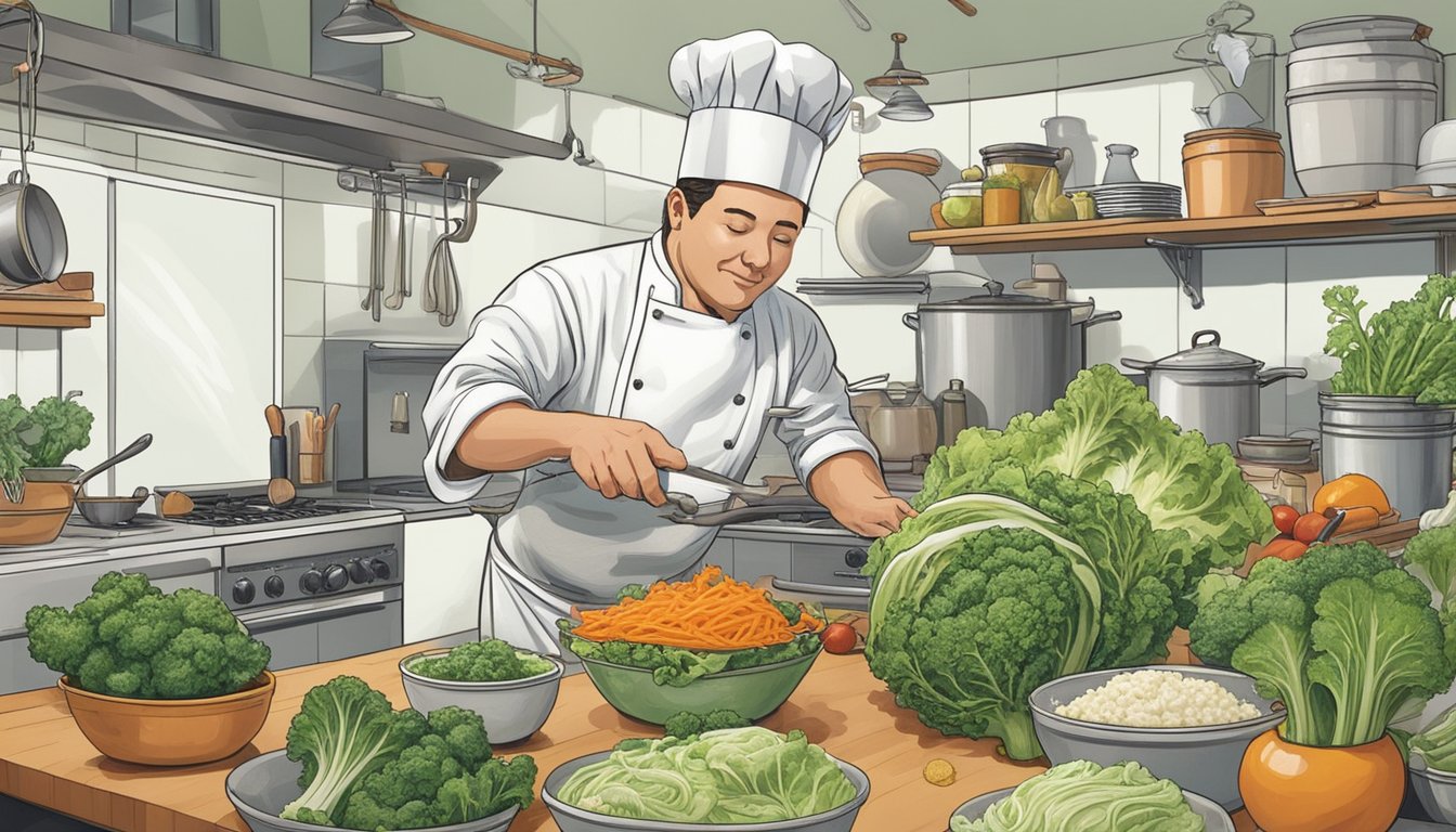 A chef swaps escarole for curly endive in a bustling kitchen, surrounded by pots and pans, with a diverse array of ingredients on the counter