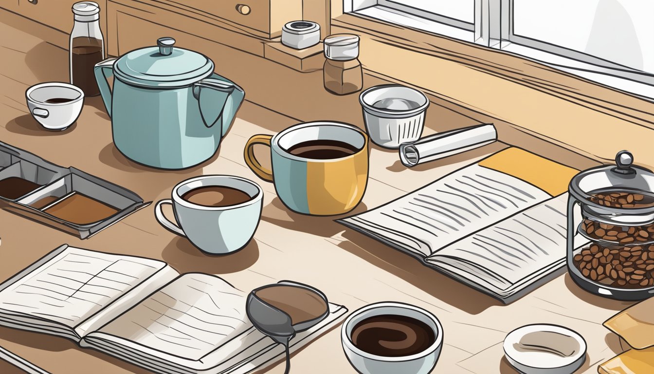 A kitchen counter with a variety of coffee substitutes, baking ingredients, and a recipe book open to a page on substituting espresso for coffee