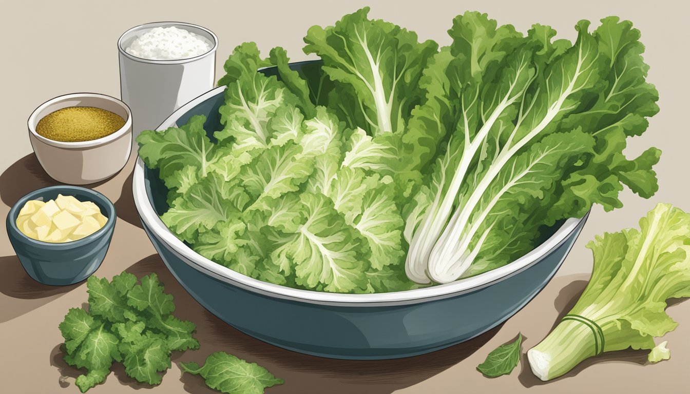 A bowl of escarole leaves being used in place of curly endive in a recipe, with other ingredients nearby