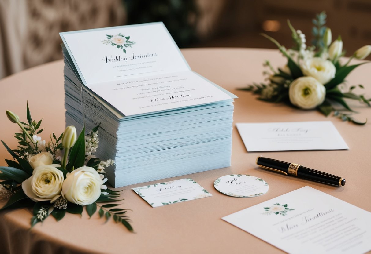 A stack of 200 wedding invitations on a table, surrounded by elegant floral decorations and a fountain pen