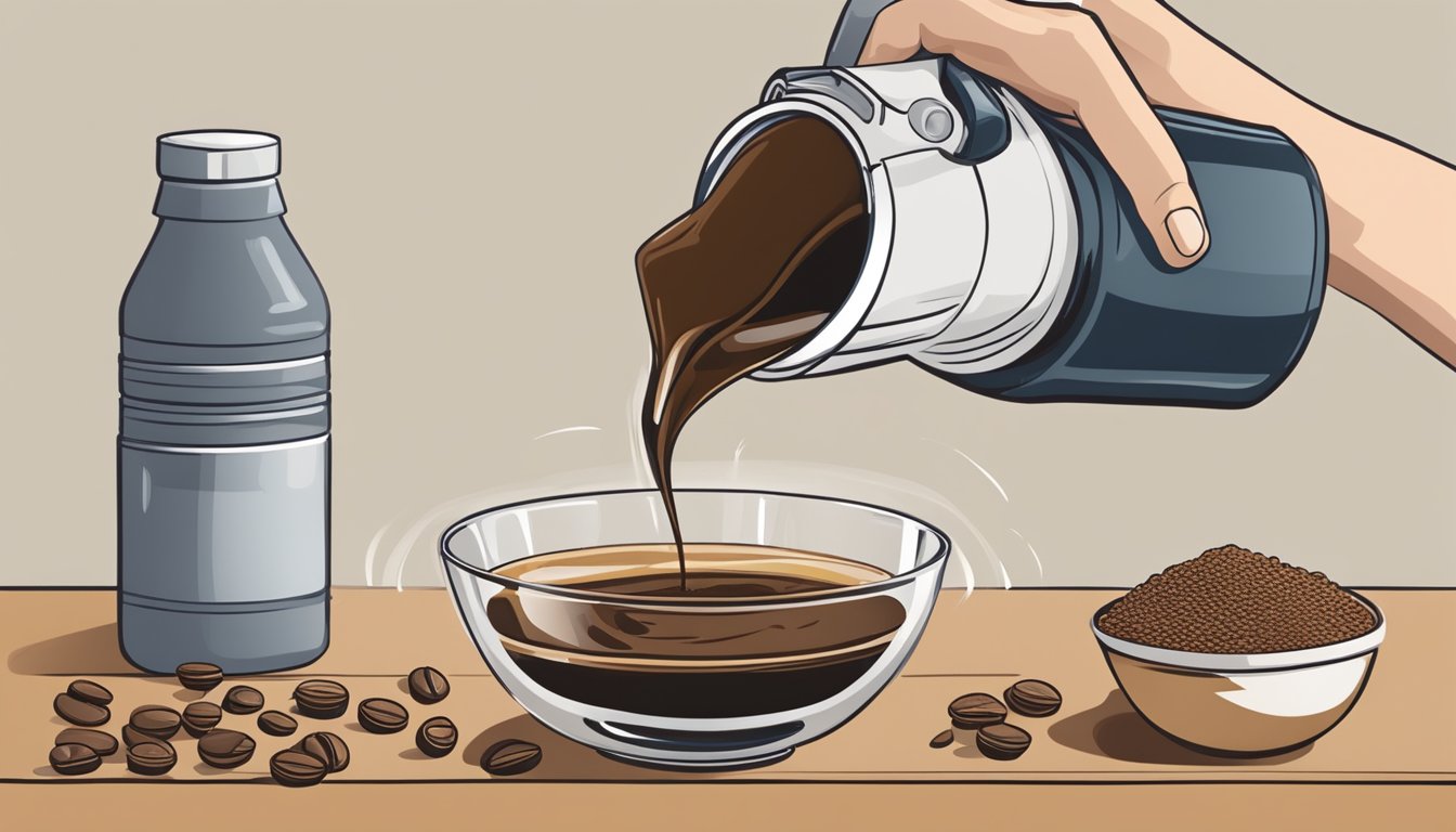 A person pouring a shot of espresso into a mixing bowl of dry ingredients for baking