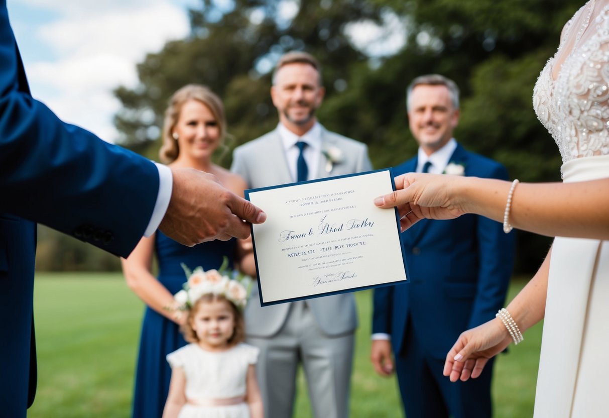 A wedding invitation being handed to a couple by a host, with a family photo in the background
