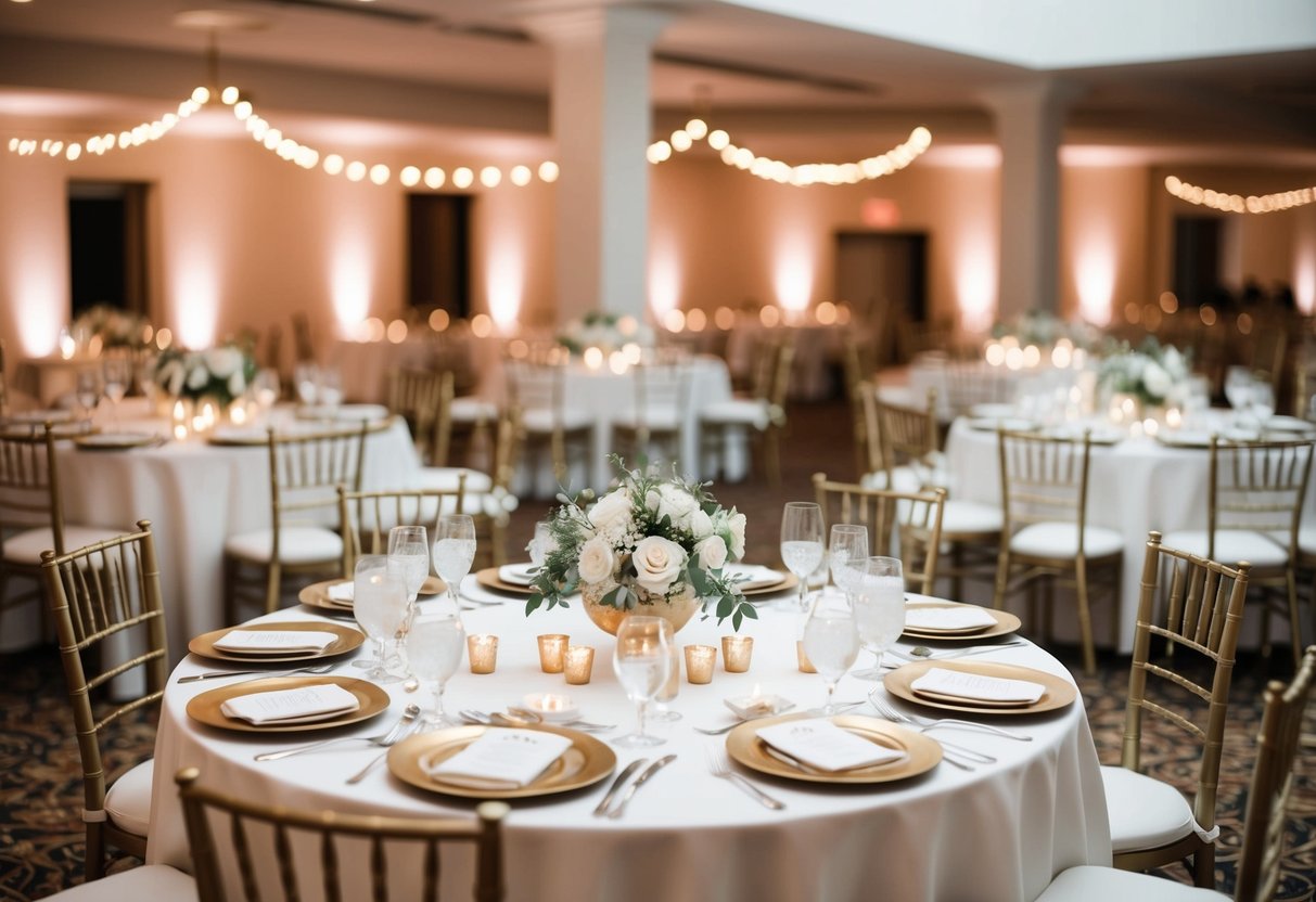 A table with 200 place settings and elegant wedding decor