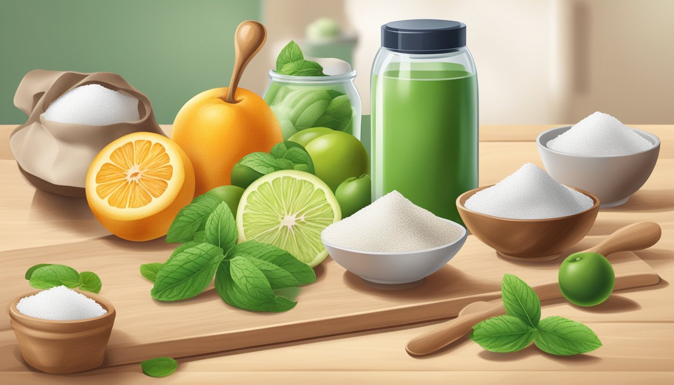 A kitchen counter with a bag of erythritol and monk fruit sweetener, surrounded by various ingredients and utensils for baking