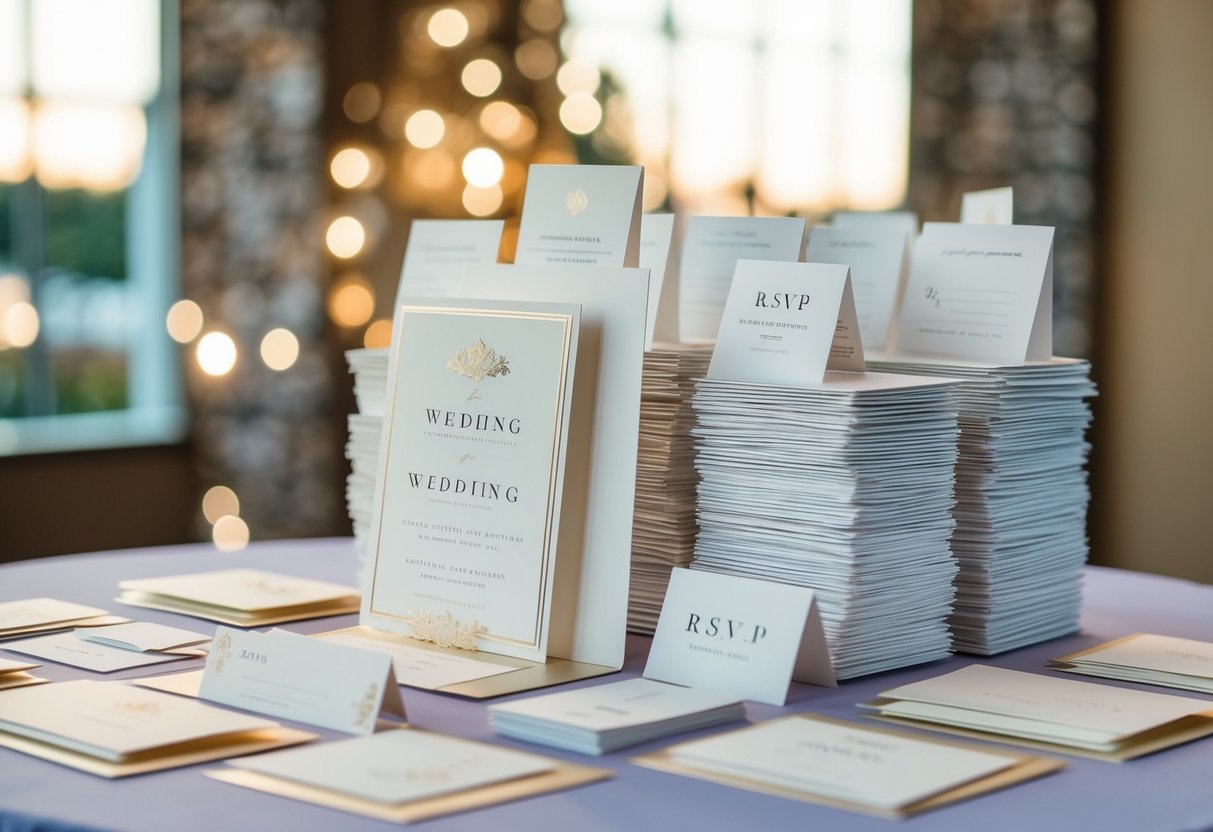 A stack of 200 elegant wedding invitations arranged neatly on a table, surrounded by matching RSVP cards, envelopes, and other suite components