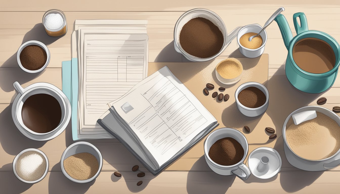 A kitchen counter with a mixing bowl, measuring cups, and a bag of espresso powder next to a recipe book open to a page on baking with coffee substitutes