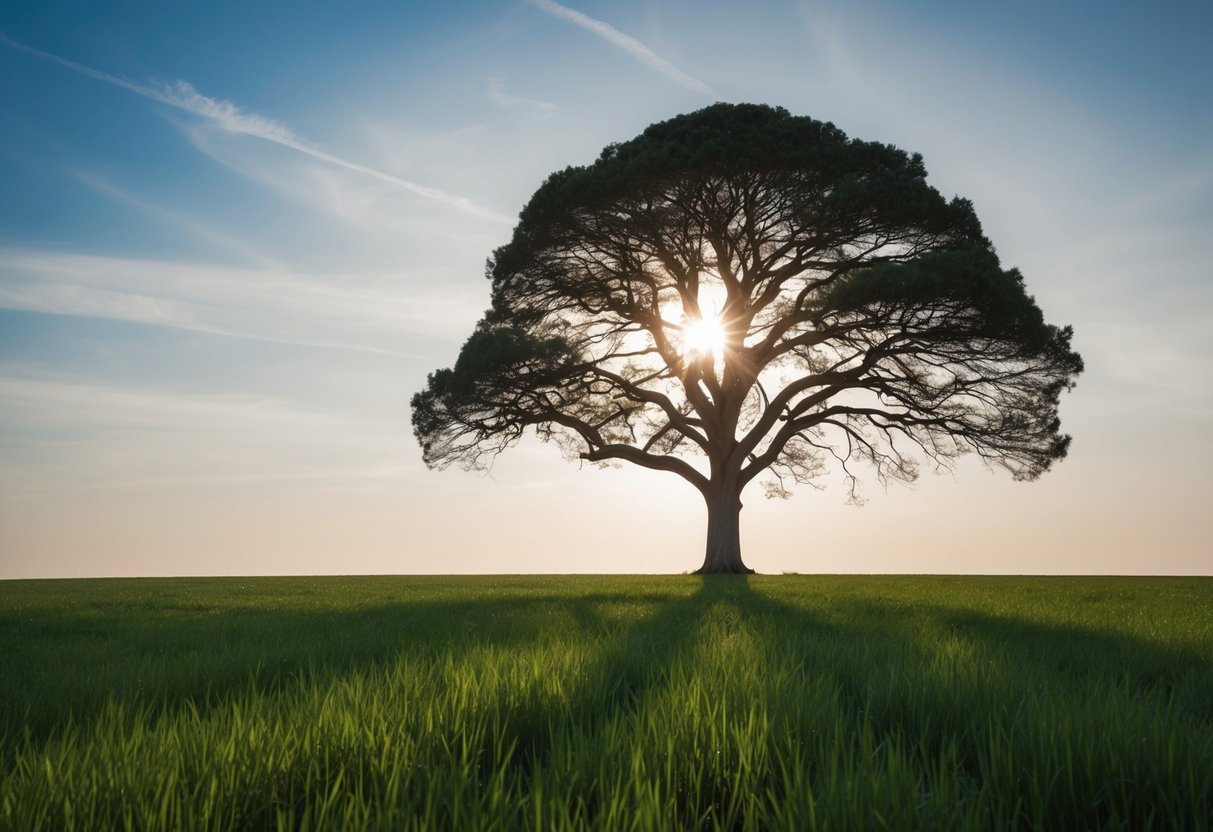A lone tree in a field, its branches reaching towards the sky, symbolizing growth and maturity