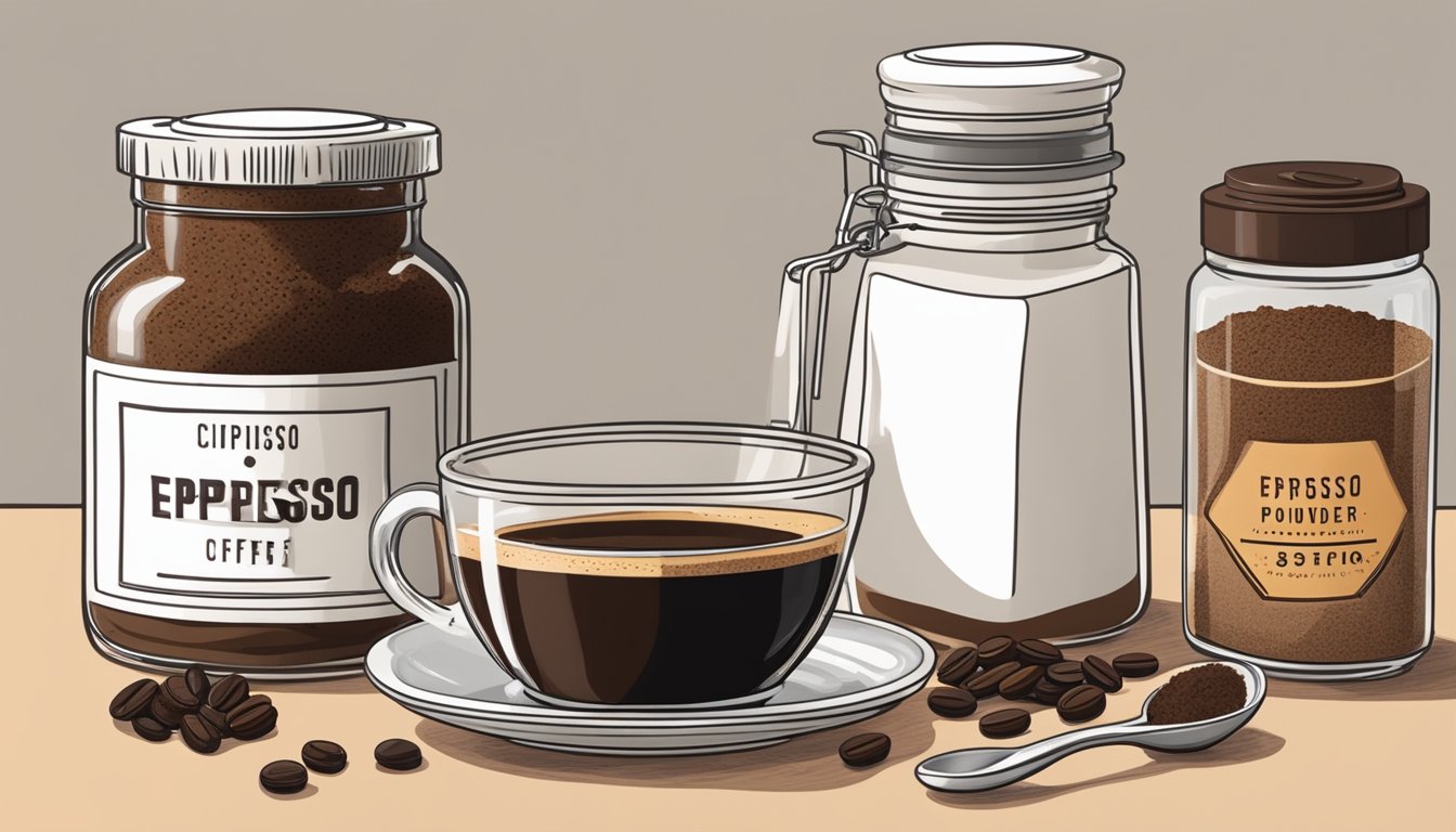 A small jar of espresso powder sits next to a jar of instant coffee on a kitchen counter, surrounded by various coffee-making utensils