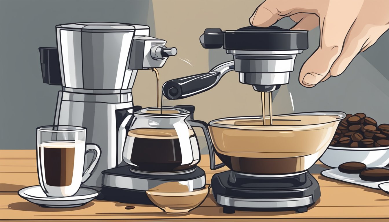 A hand pouring espresso into a mixing bowl of batter. A coffee pot and espresso machine in the background