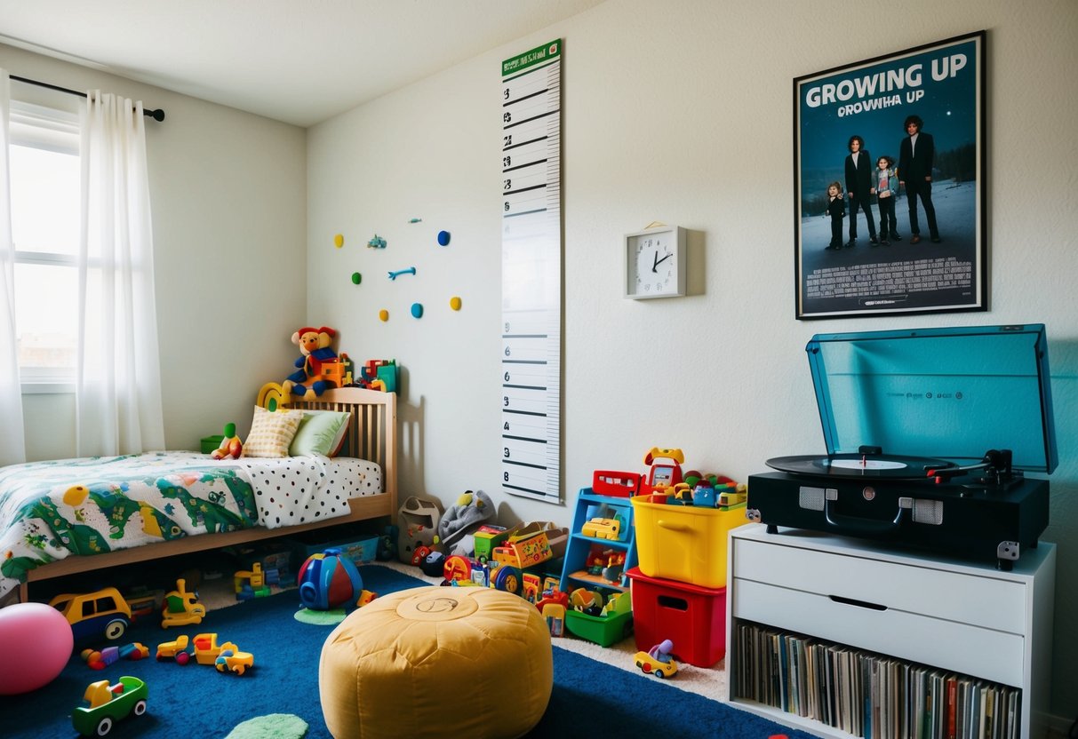 A child's bedroom with toys strewn about, a growth chart on the wall, and a poster of a band with a song about growing up playing on a record player