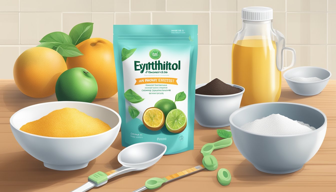 A kitchen counter with a bag of erythritol and monk fruit sweetener, along with measuring spoons and a mixing bowl