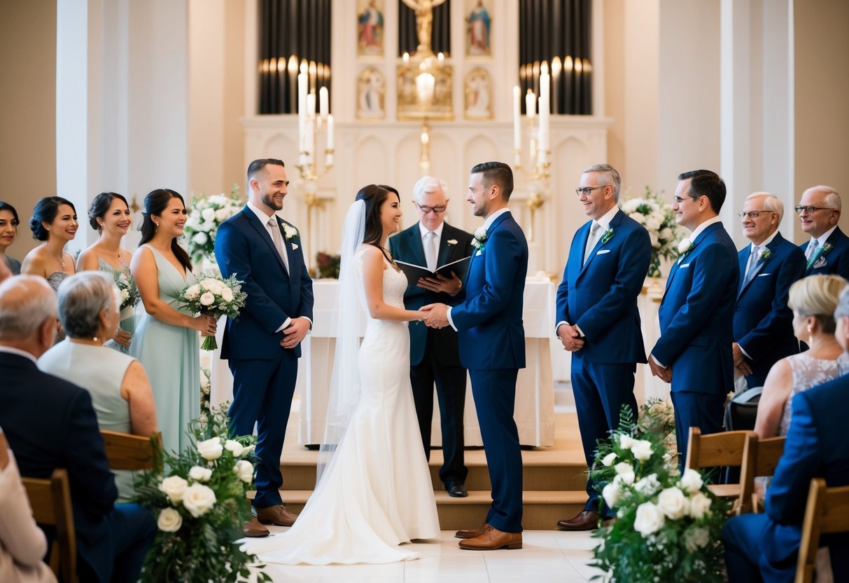 A couple standing at the altar, surrounded by friends and family, exchanging vows while their parents sit in the audience
