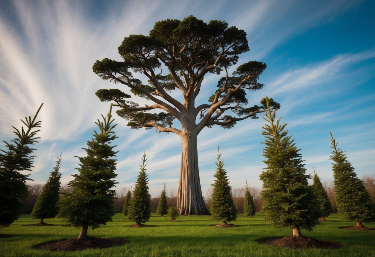 A towering tree with branches reaching towards the sky, surrounded by smaller saplings sprouting from the ground