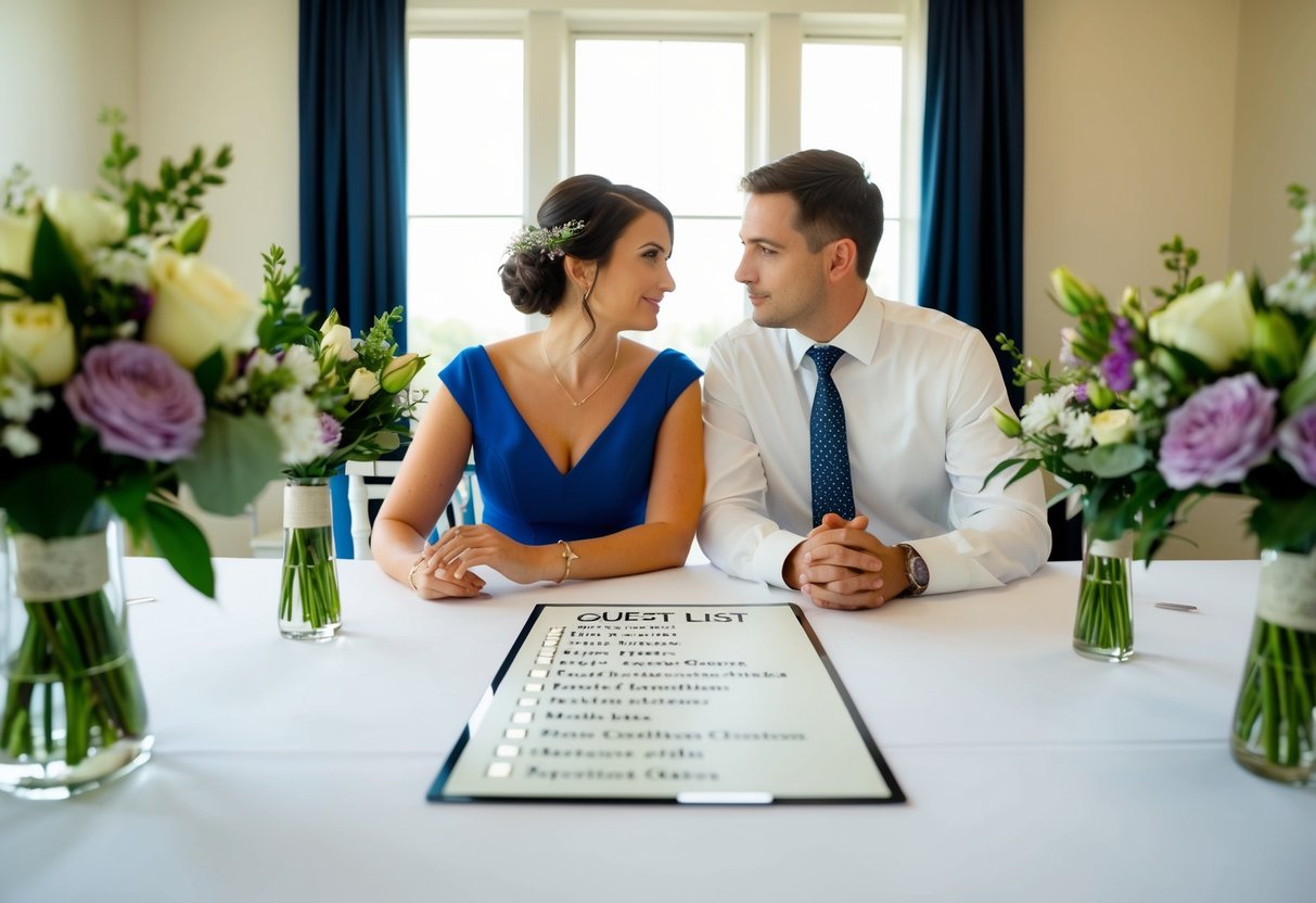 A couple sits at a table with a wedding guest list, contemplating whether to include their parents' names. The room is filled with natural light and adorned with flowers