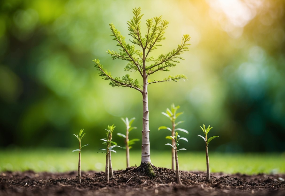 A young tree reaching upward, surrounded by smaller saplings, symbolizing growth and maturity