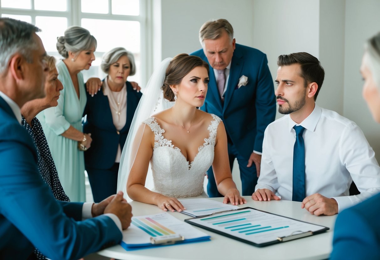 A bride and groom sit at a table with a budget spreadsheet, looking conflicted. The parents are shown in a separate room, looking hurt and excluded