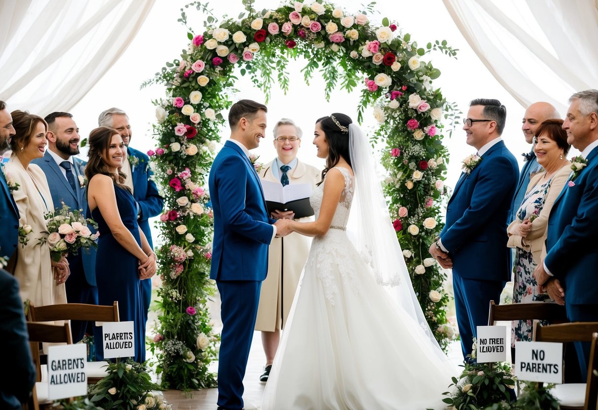 A bride and groom exchanging vows under a floral arch, surrounded by friends and loved ones, with a sign reading "No Parents Allowed" at the entrance