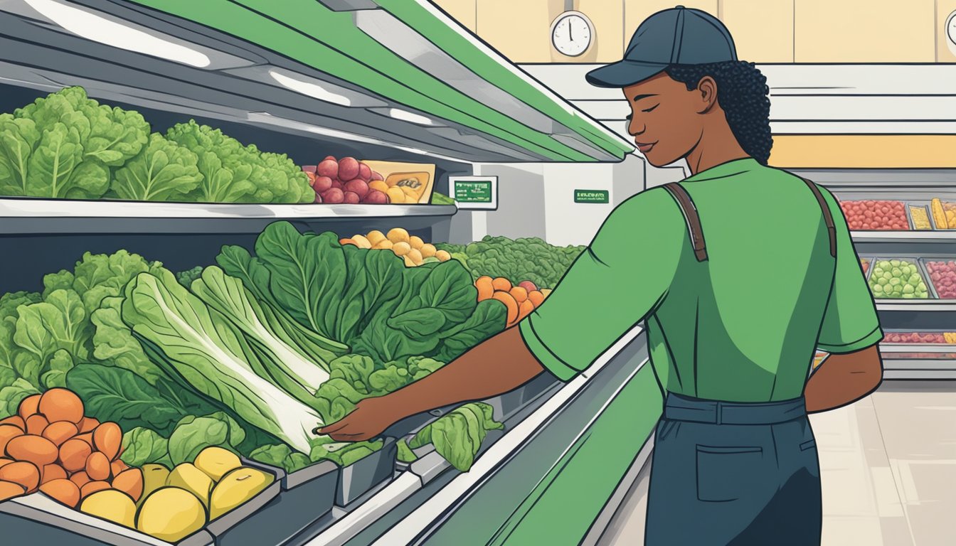 A person swapping a bunch of escarole for a bunch of spinach at a grocery store