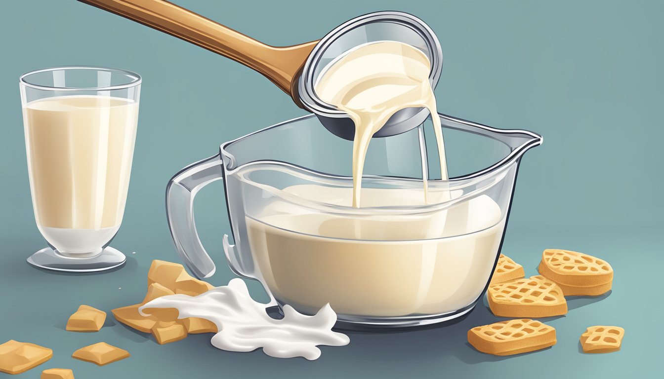 A measuring cup pouring evaporated milk into a mixing bowl instead of heavy cream