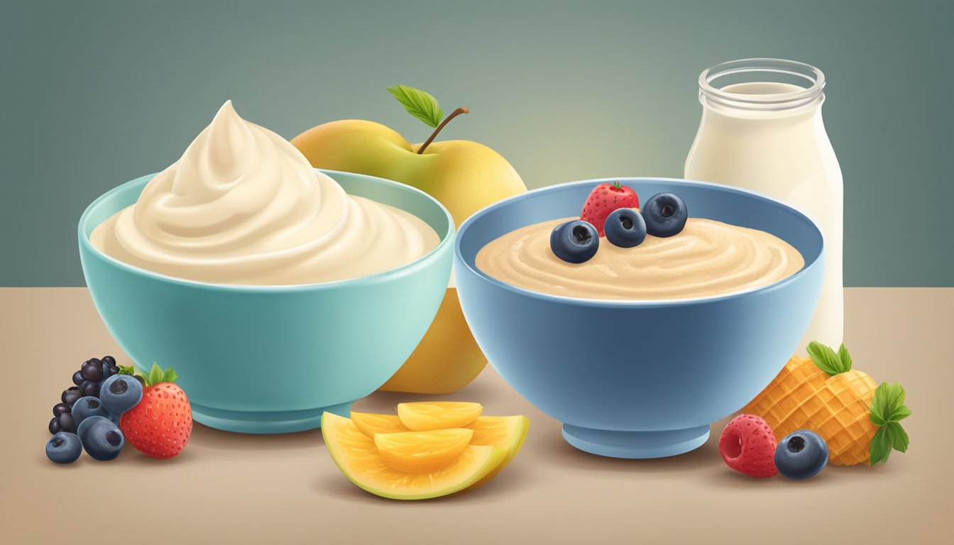 A bowl of farina and a bowl of cream of wheat side by side, with various ingredients surrounding them, such as milk, fruit, and sweeteners