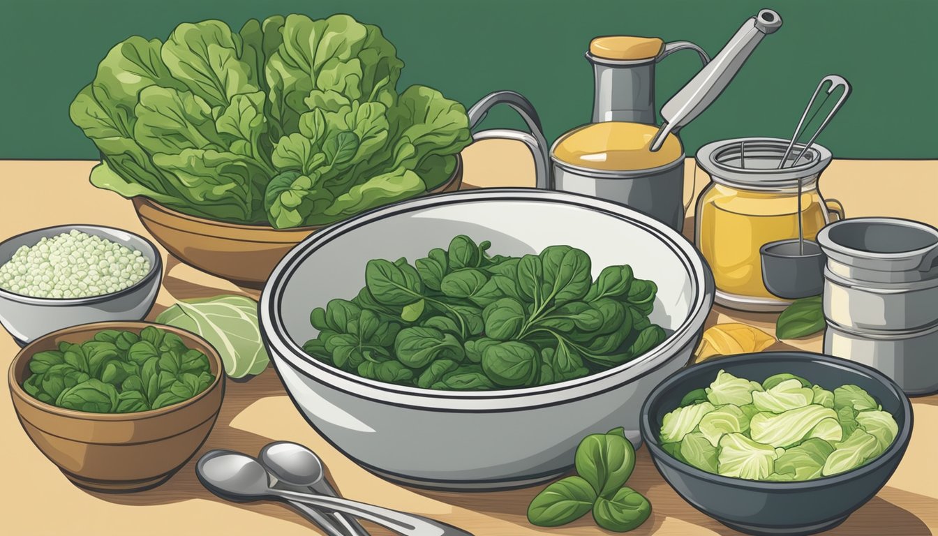 A bowl of escarole and spinach side by side, with various cooking utensils and ingredients surrounding them