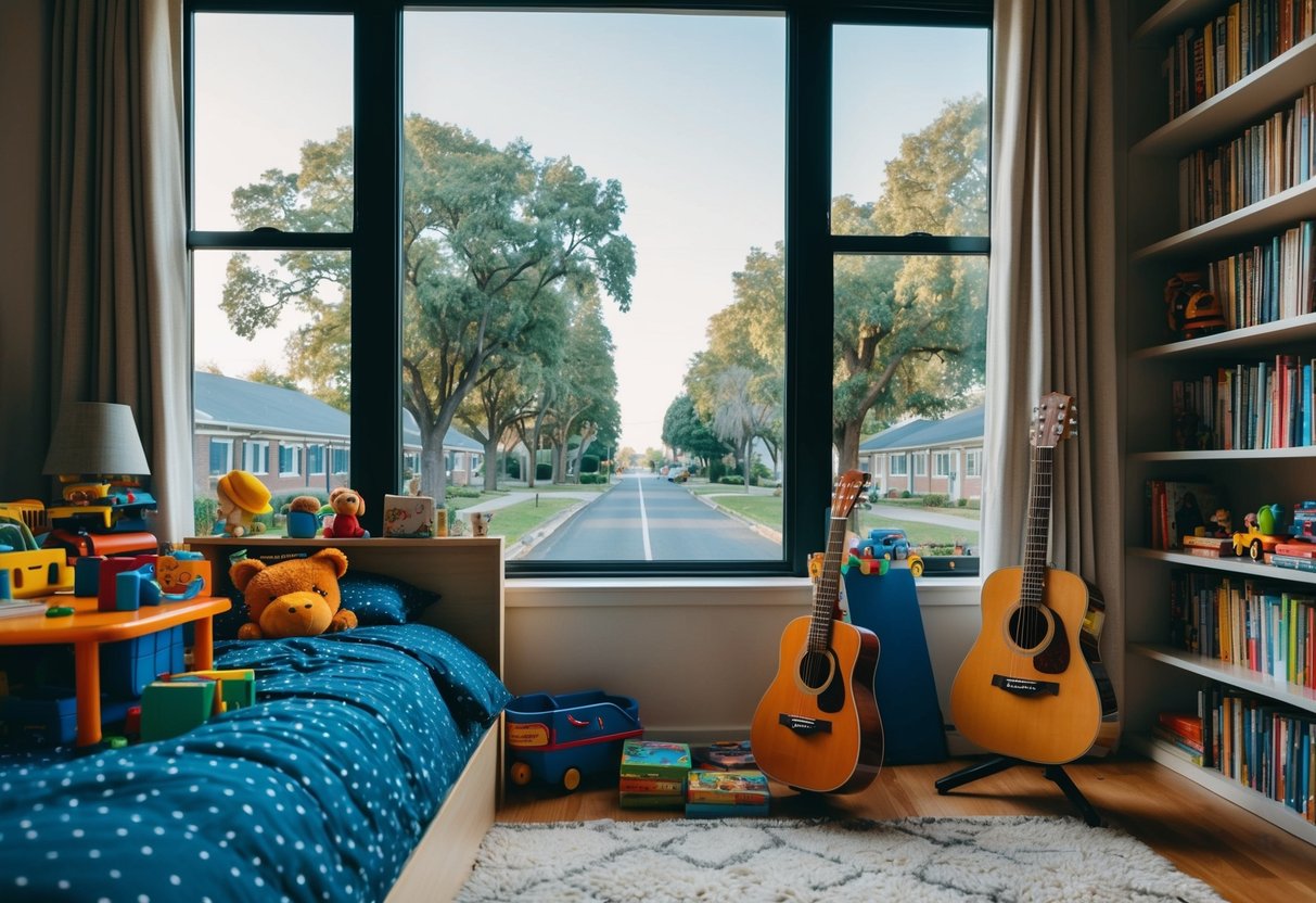 A child's bedroom filled with toys, books, and a guitar. A window overlooks a tree-lined street, with a school in the distance