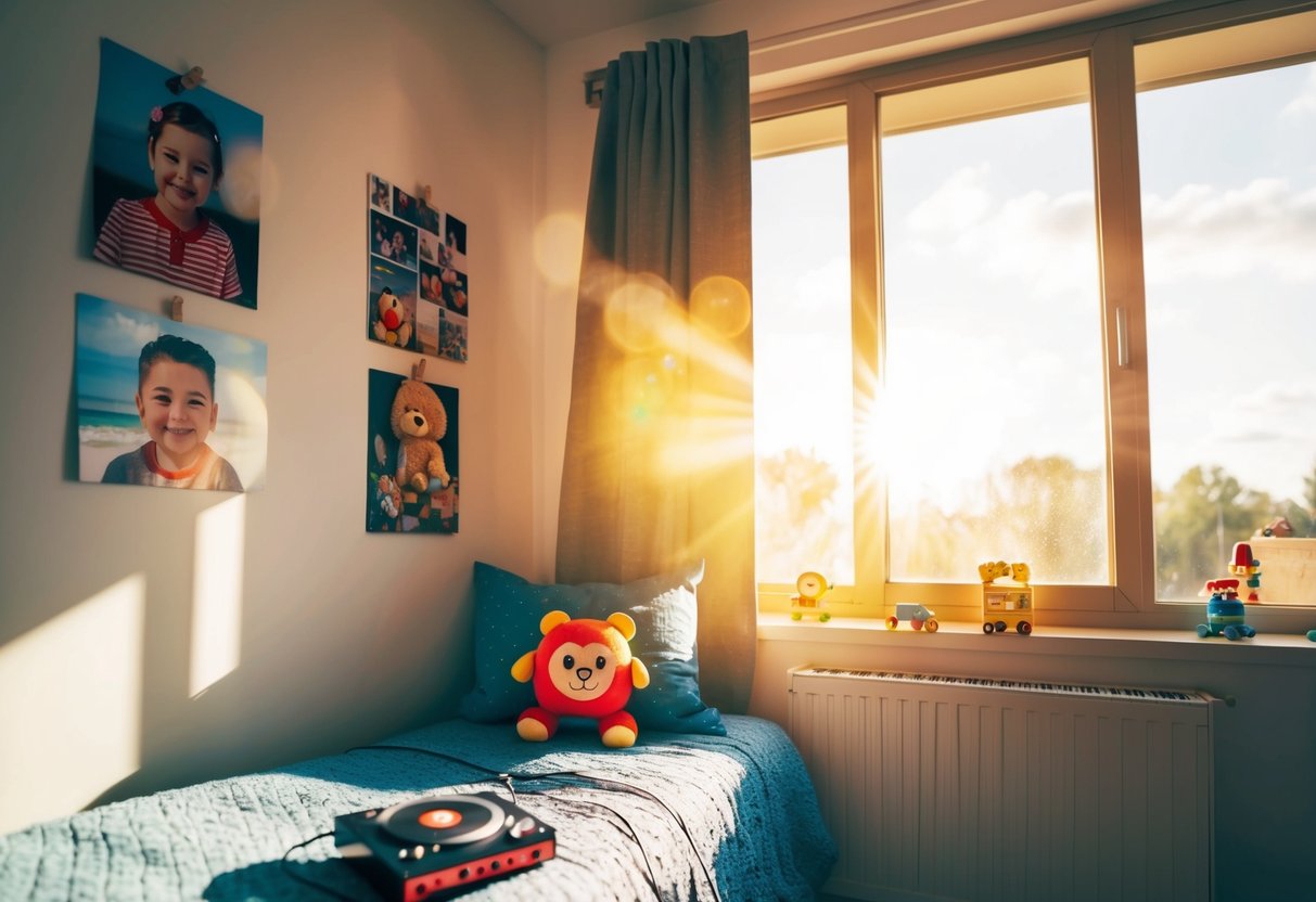 A child's bedroom with toys and photos on the wall, sunlight streaming through the window, and a music player with headphones