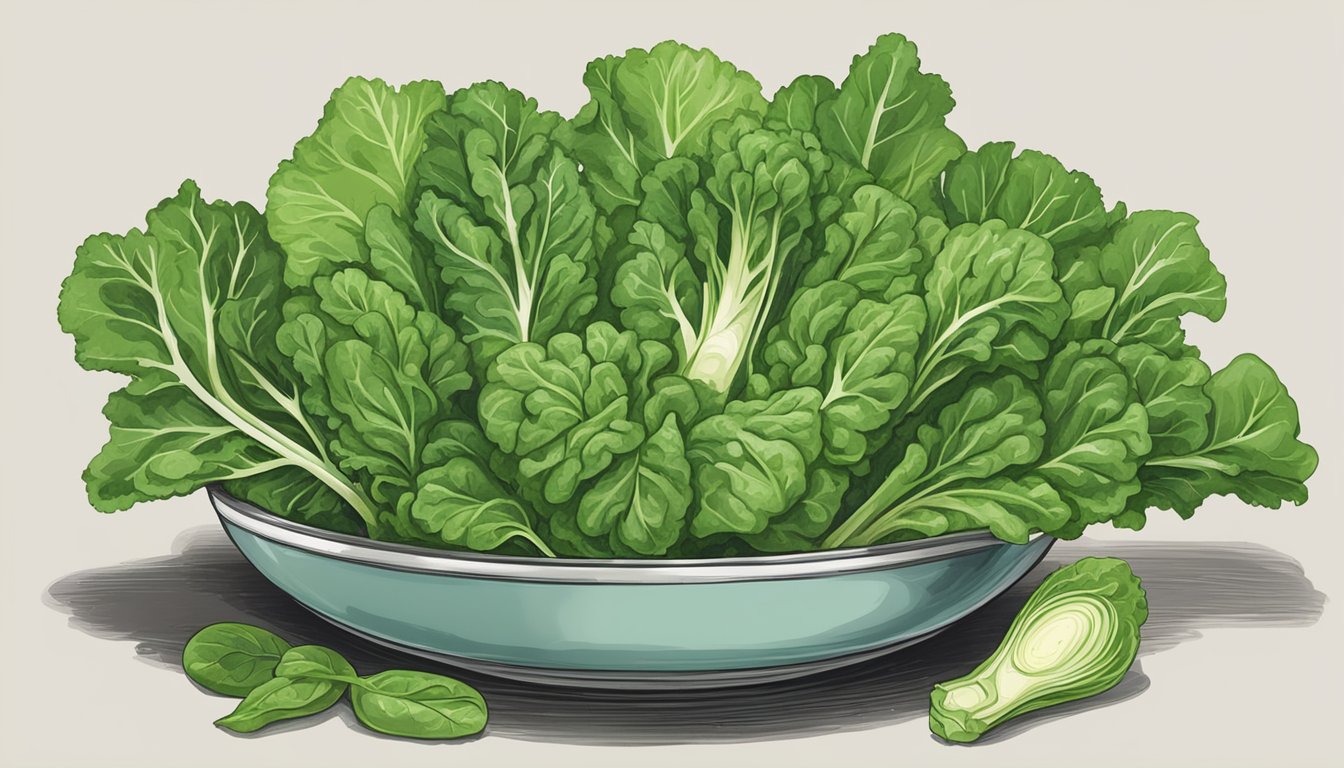 A bowl of escarole leaves arranged next to a bunch of spinach, showcasing the alternative leafy greens for a recipe substitution