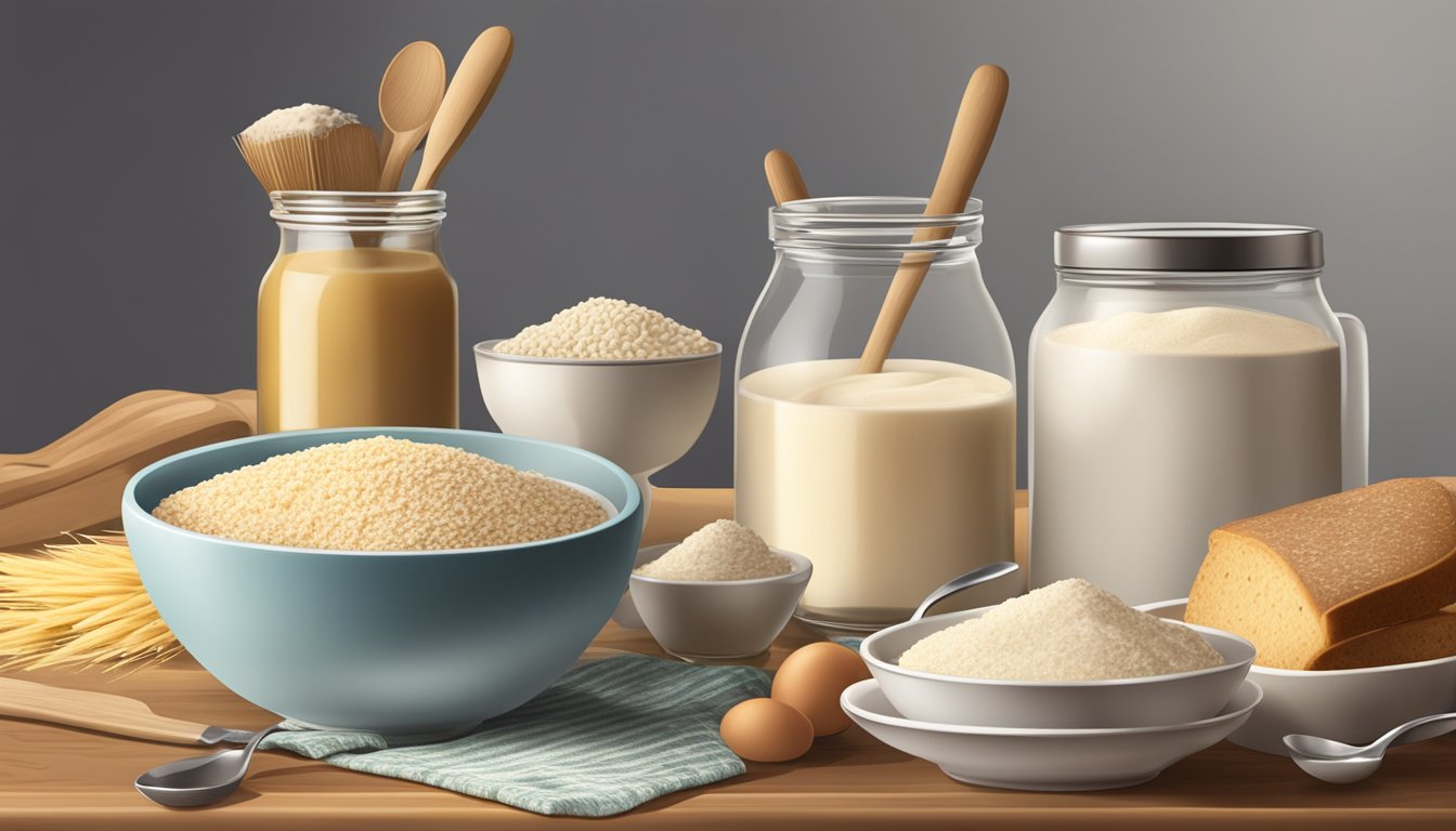 A kitchen scene with a bowl of farina and a box of cream of wheat, along with various gluten-free ingredients and cooking utensils