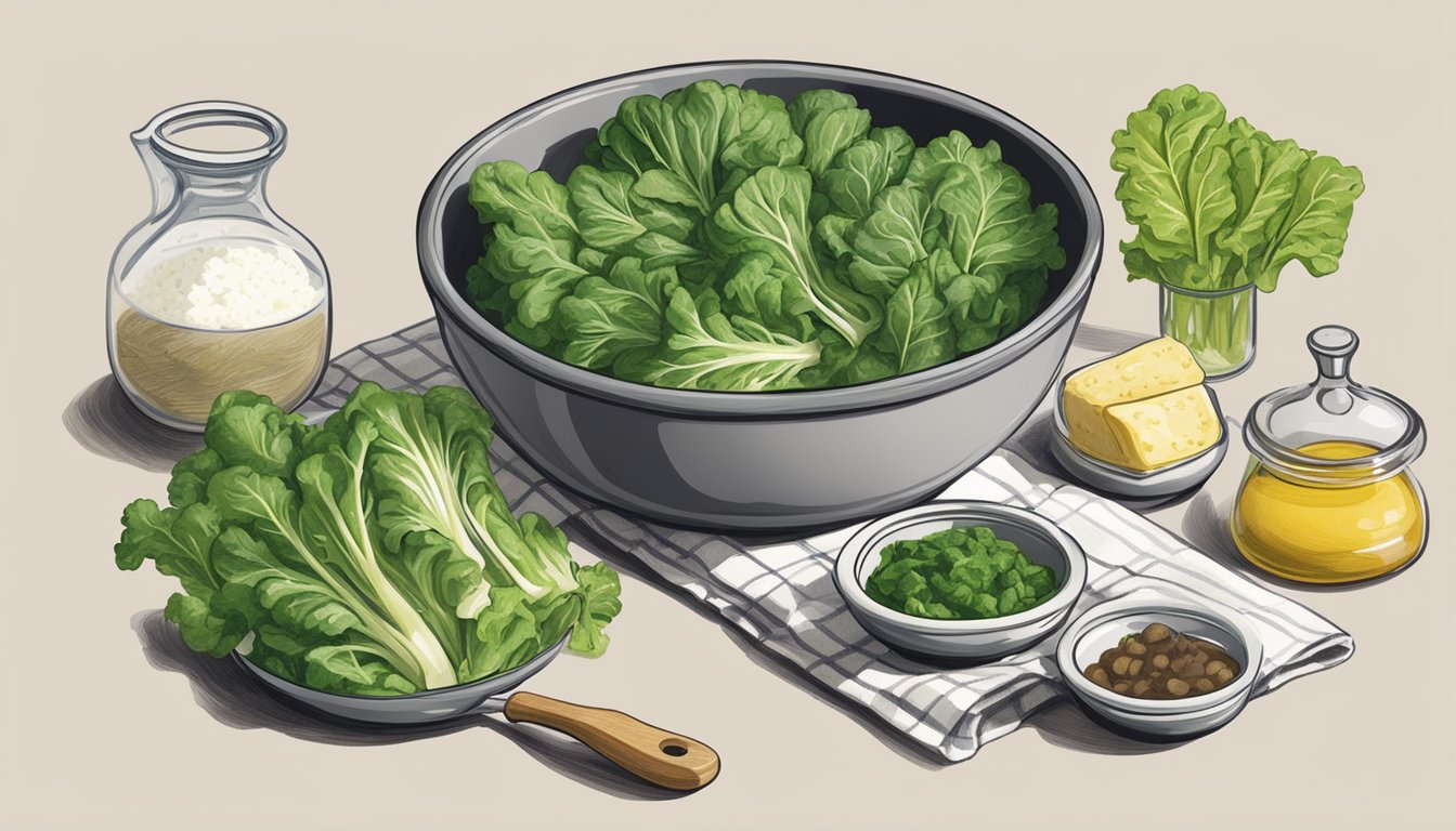 A bowl of escarole being added to a recipe in place of spinach, with other ingredients and cooking utensils nearby