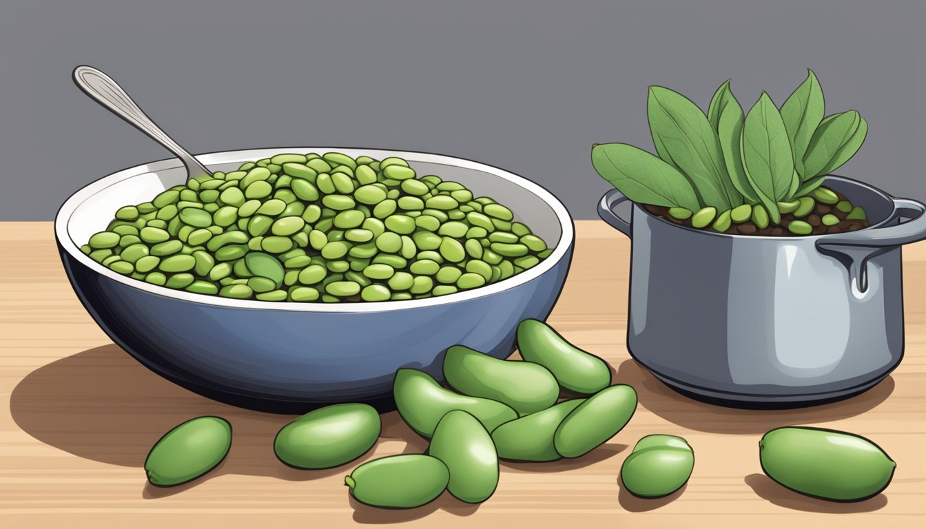 A bowl of fava beans next to a bowl of lima beans, with a measuring cup pouring fava beans into a pot