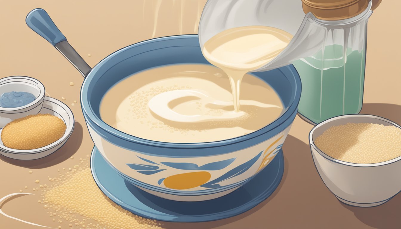 A bowl of farina being poured into a pot of boiling water, with a box of cream of wheat sitting next to it