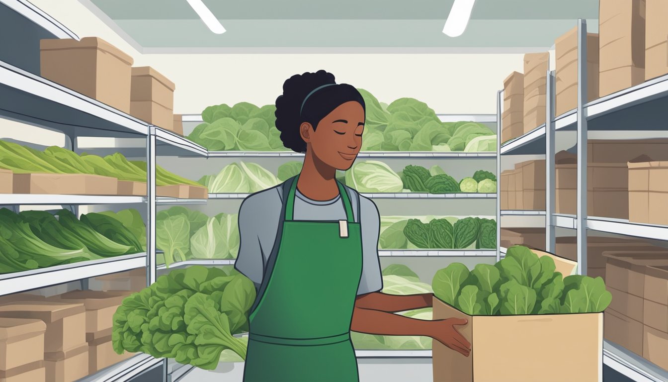 A person holding a bunch of escarole and a bag of spinach, comparing the two while standing in front of a pantry filled with storage containers