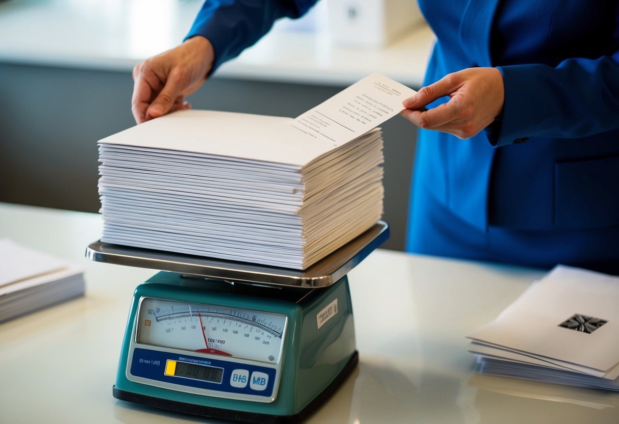 A stack of 100 wedding invitations being weighed on a postal scale with a clerk preparing to affix postage