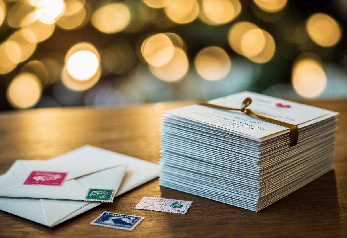 A stack of 100 wedding invitations with postage stamps