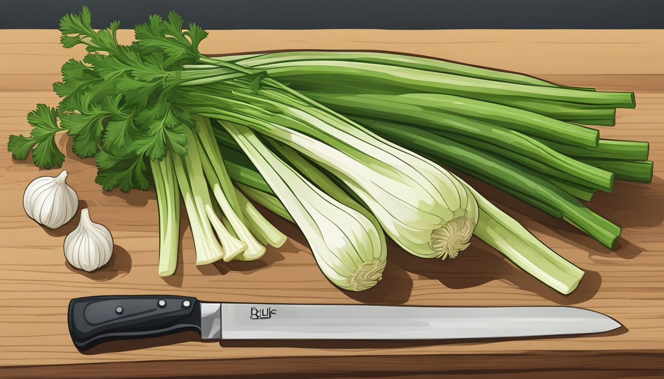 Fennel bulb and celery stalks side by side on a cutting board, with a knife nearby