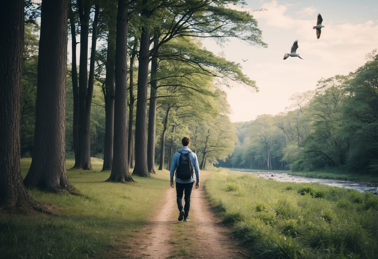 A person walking through a peaceful forest, surrounded by tall trees and a gentle breeze, with birds chirping and a distant stream flowing