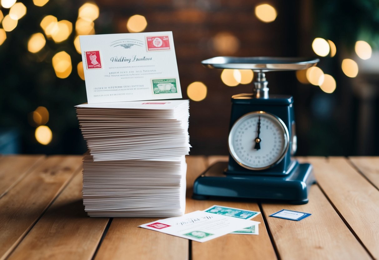 A stack of 100 wedding invitations with stamps and a postal scale